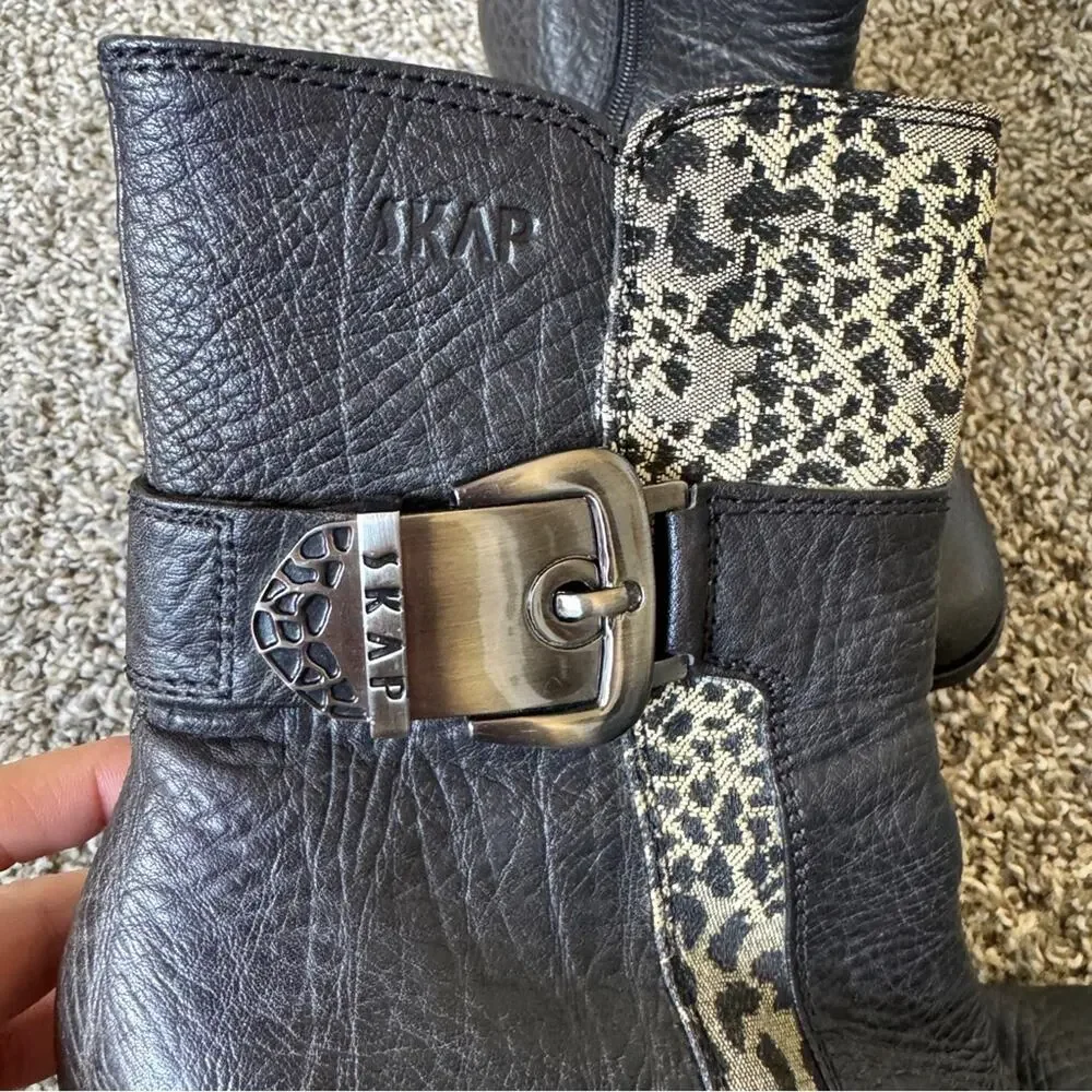 Skap Black Leather Animal Print Ankle Boots Womens 6 Fall Preppy Classic Booties